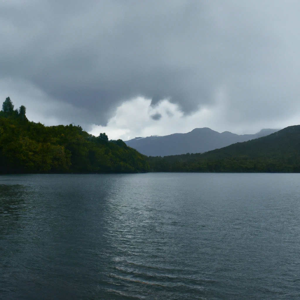 photo of a lake on a rainy day with a forest and a mountain in the background